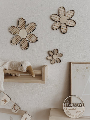 3 Holzblumen mit Rattan Gravur Wanddeko für Kinder- und Babyzimmer - BohoWildflowerVibes