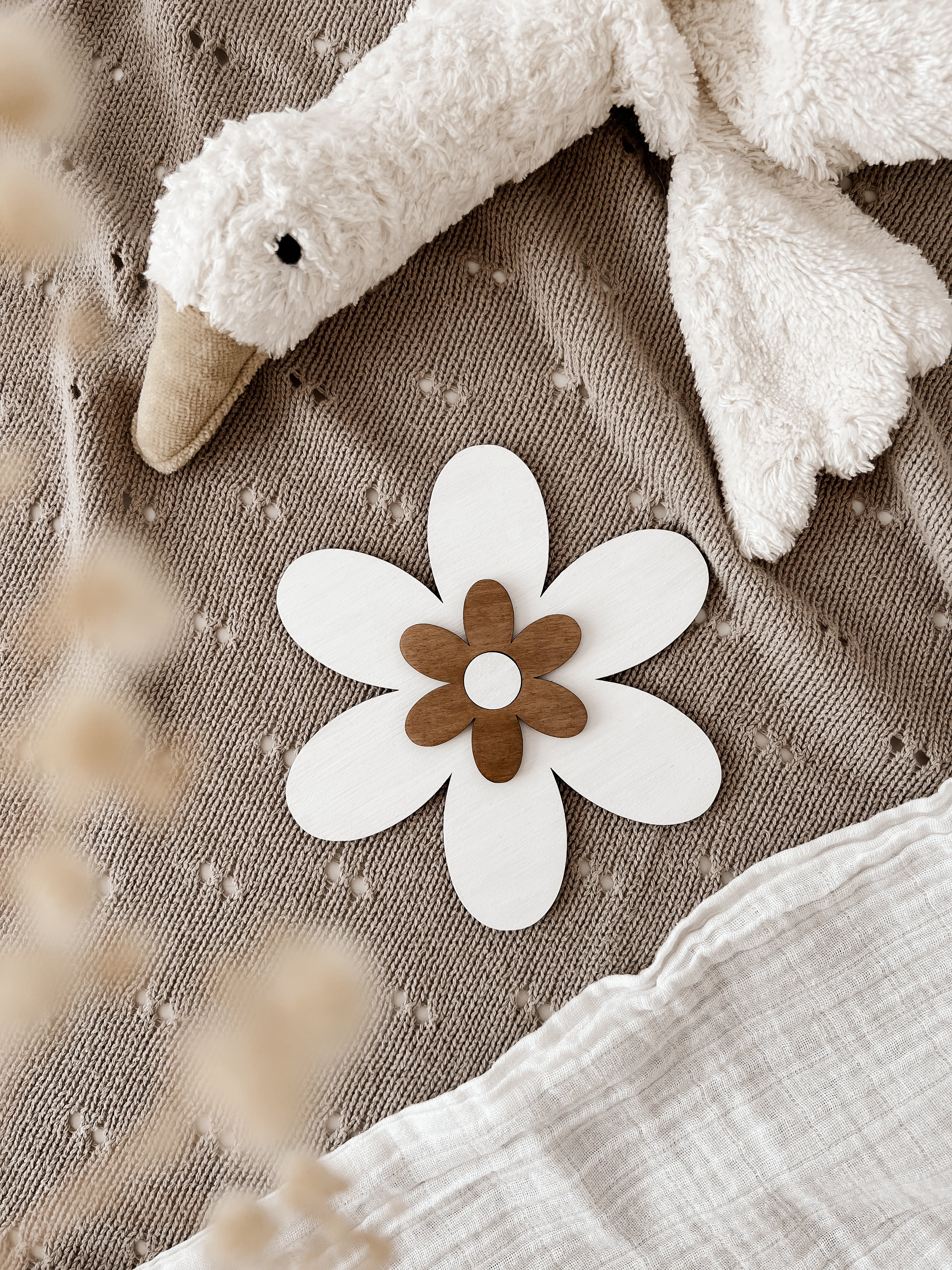 3 Holzblumen - weiß, nussbraun - BohoWildflowerVibes