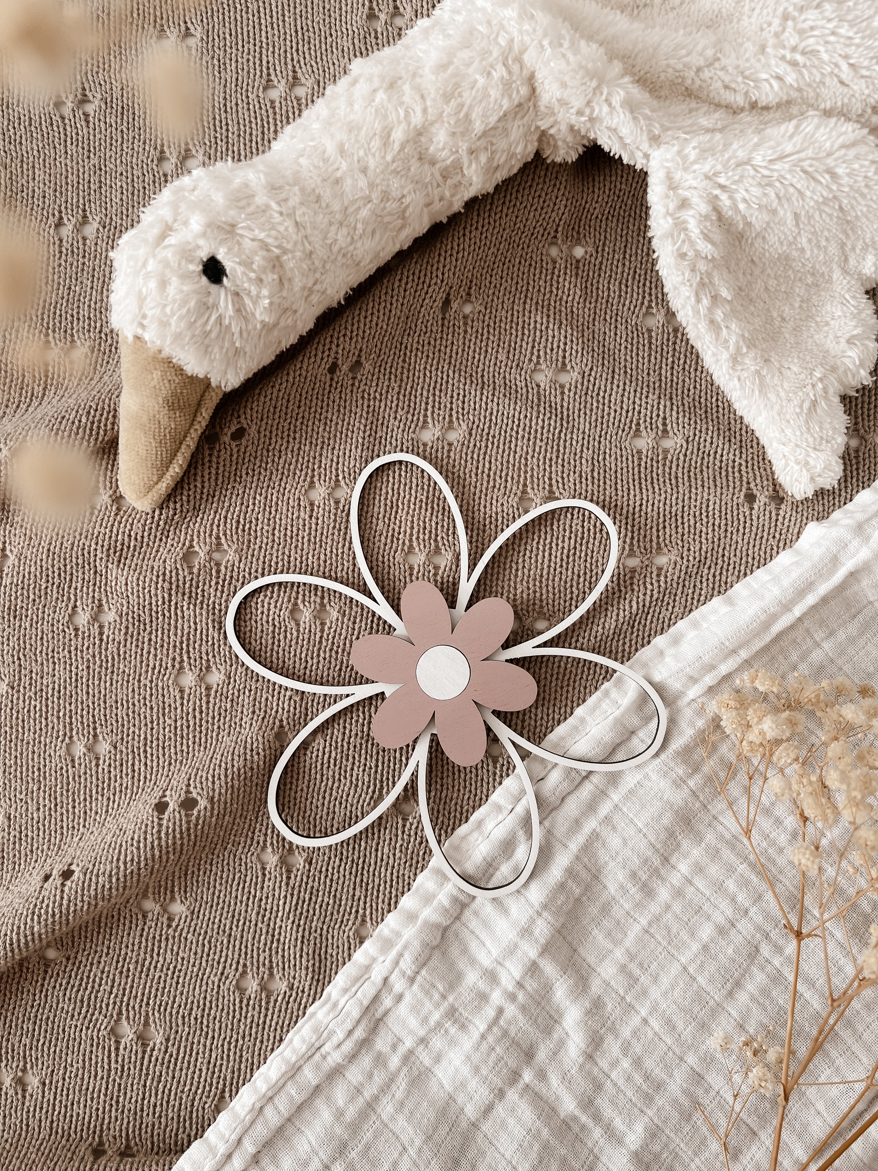 3 Holzblumen - weiß, rosé/violett - BohoWildflowerVibes