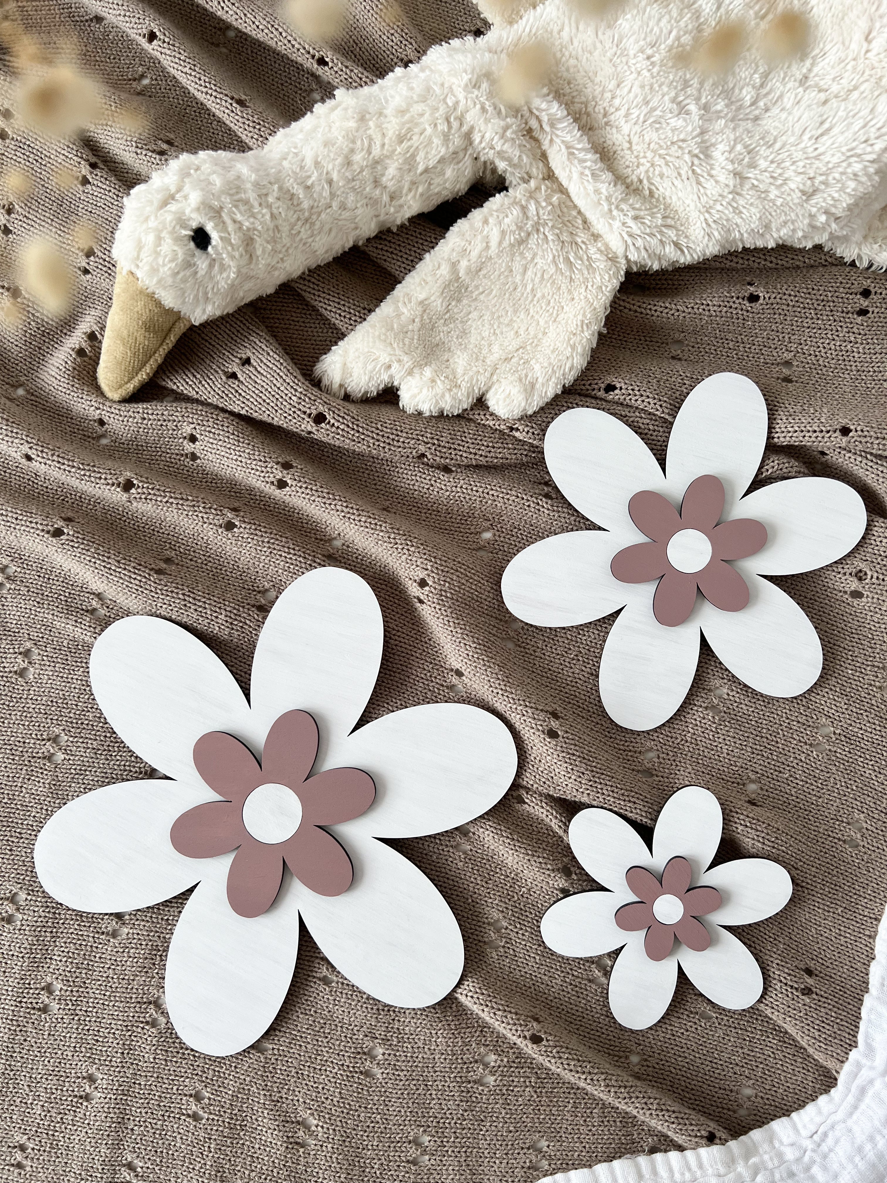 3 Holzblumen - weiß, rosé/violett - BohoWildflowerVibes