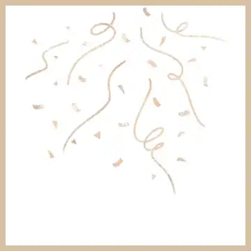 Goldene Konfettistreifen mit rosa Akzenten und weißen Punkten auf einem cremefarbenen Hintergrund.