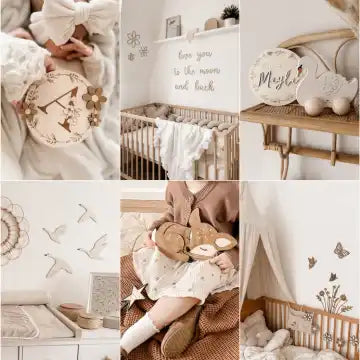 Holzkiste mit weißen Bettwäsche und ’Liebe dich bis zum Mond’-Zeichen