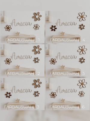 3 Holzblumen - Nussbraun Gänseblümchen Wanddeko für Kinderzimmer und Babyzimmer