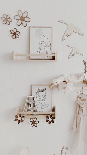 3 Holzblumen - Nussbraun Gänseblümchen Wanddeko für Kinderzimmer und Babyzimmer