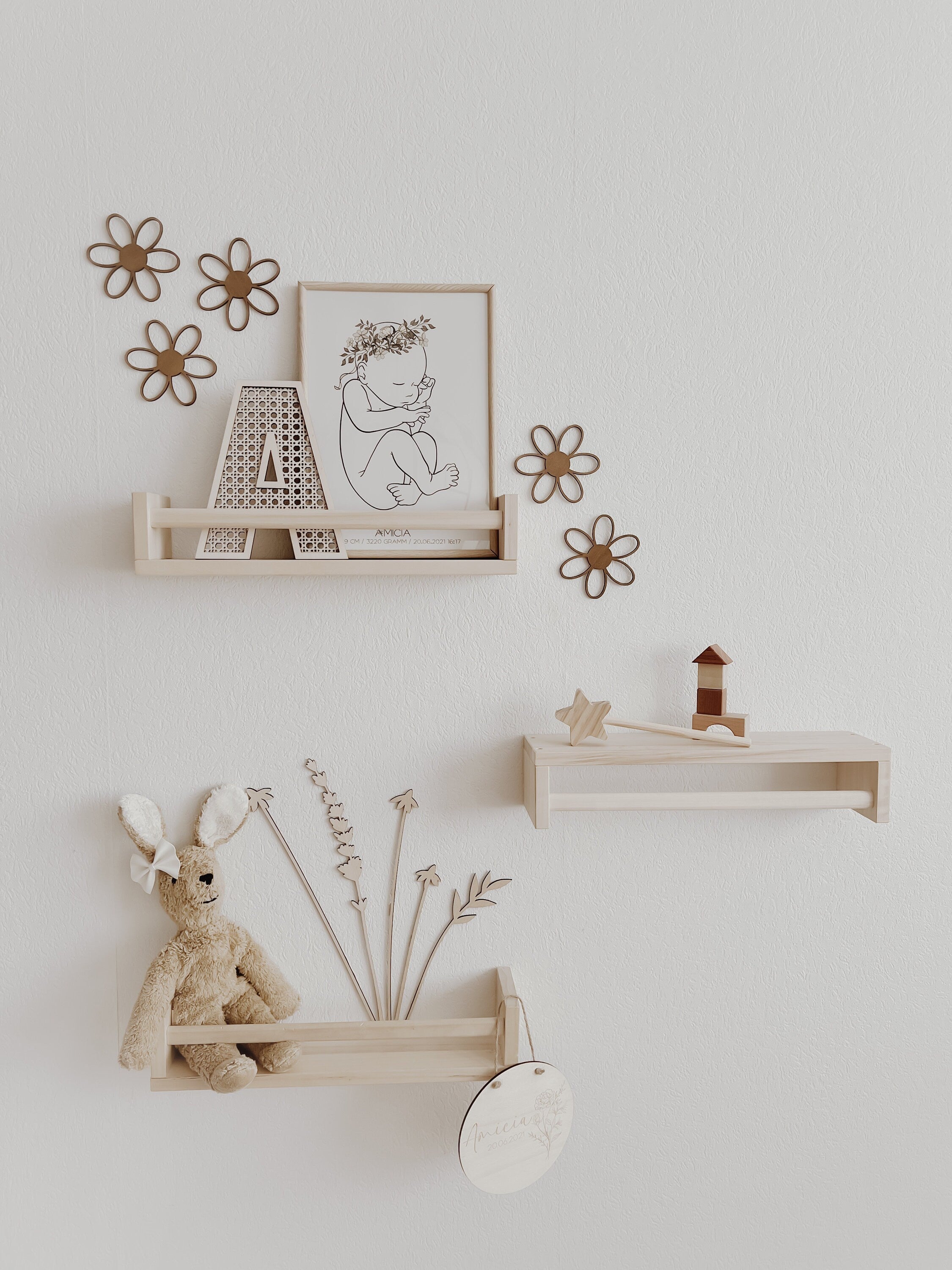 Holzblumen Set - Nussbraun, Wanddeko für Kinderzimmer und Babyzimmer - BohoWildflowerVibes