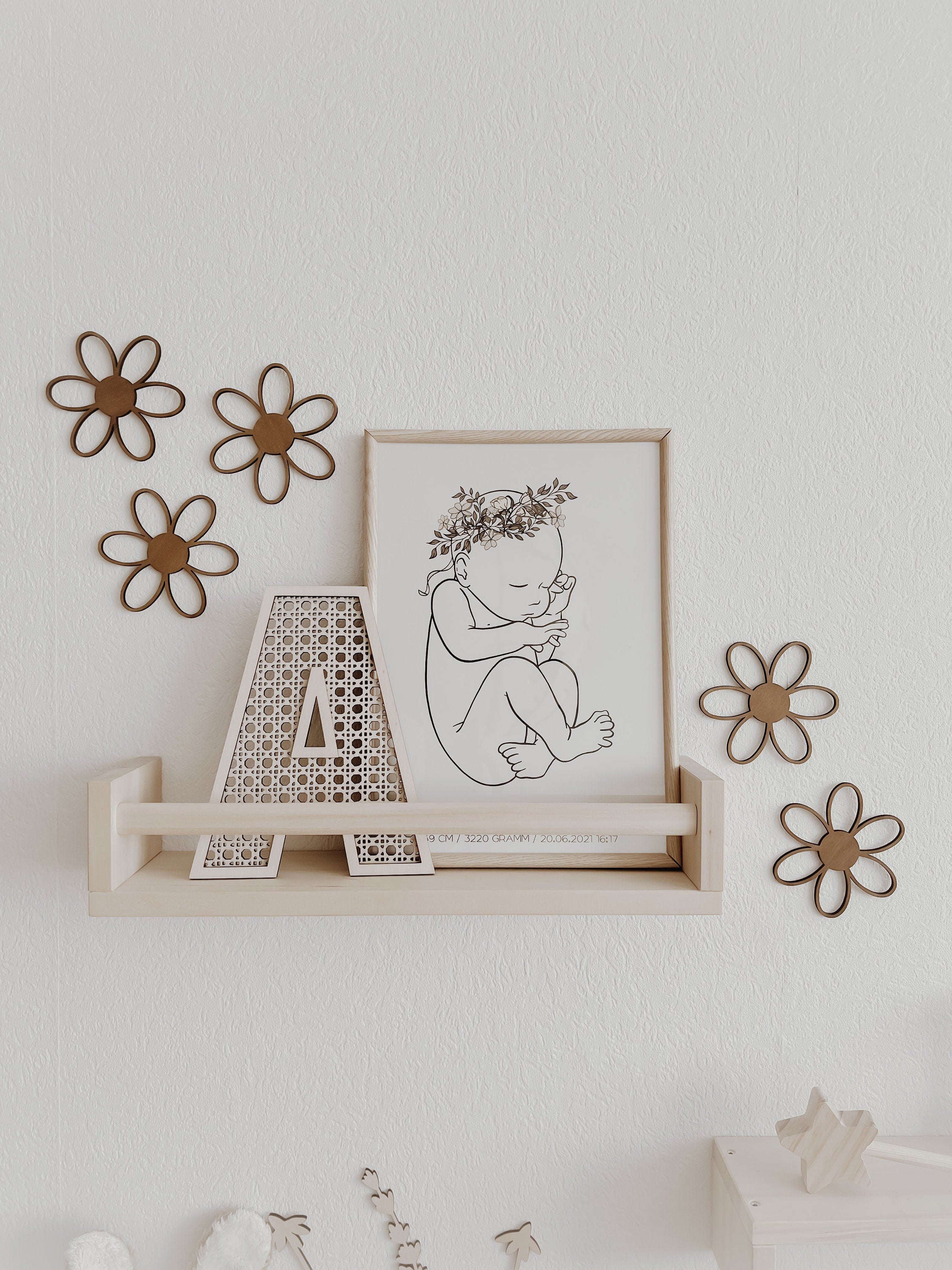 Holzblumen Set - Nussbraun, Wanddeko für Kinderzimmer und Babyzimmer - BohoWildflowerVibes