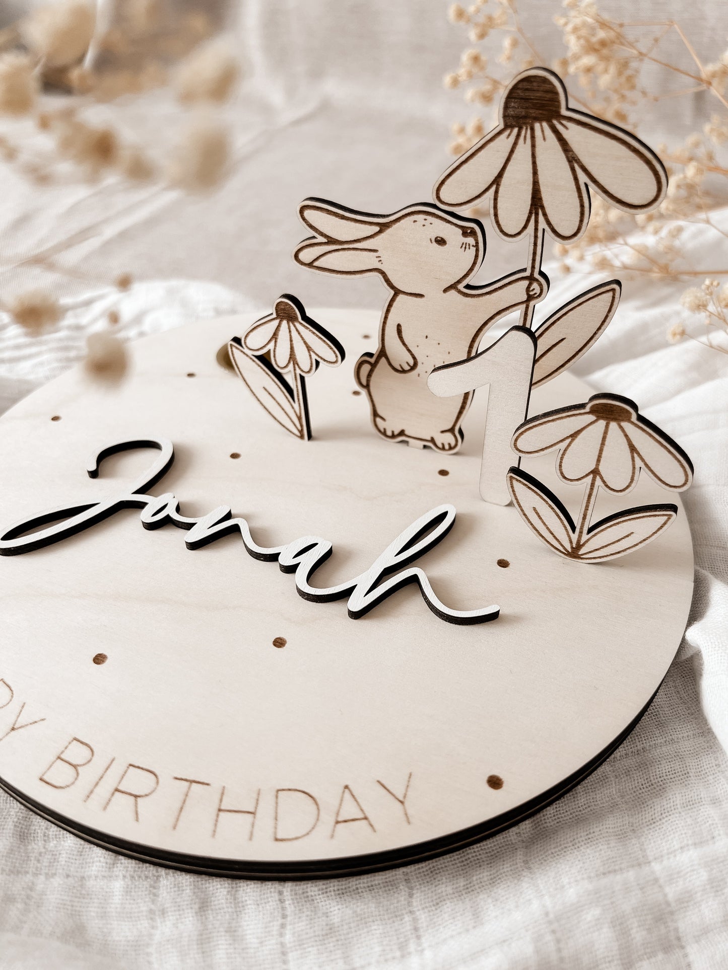 Personalisierter Geburtstagsteller - Hase mit Blumen - BohoWildflowerVibes
