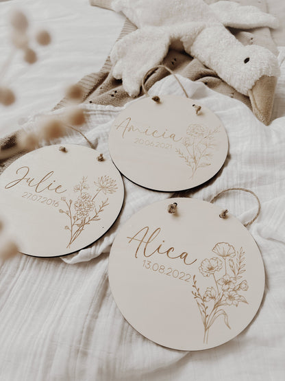 Personalisiertes Holzschild mit Geburtsblume, 12 Motive - BohoWildflowerVibes