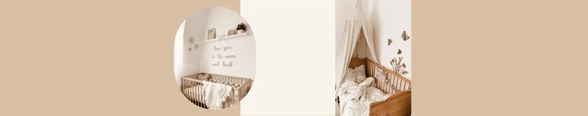 Weißes Kinderbett mit Holzlamellen und Baldachin, cremefarbenes Bettzeug, mit Blumenmuster bedruckter Stoff hängt von oben herab.