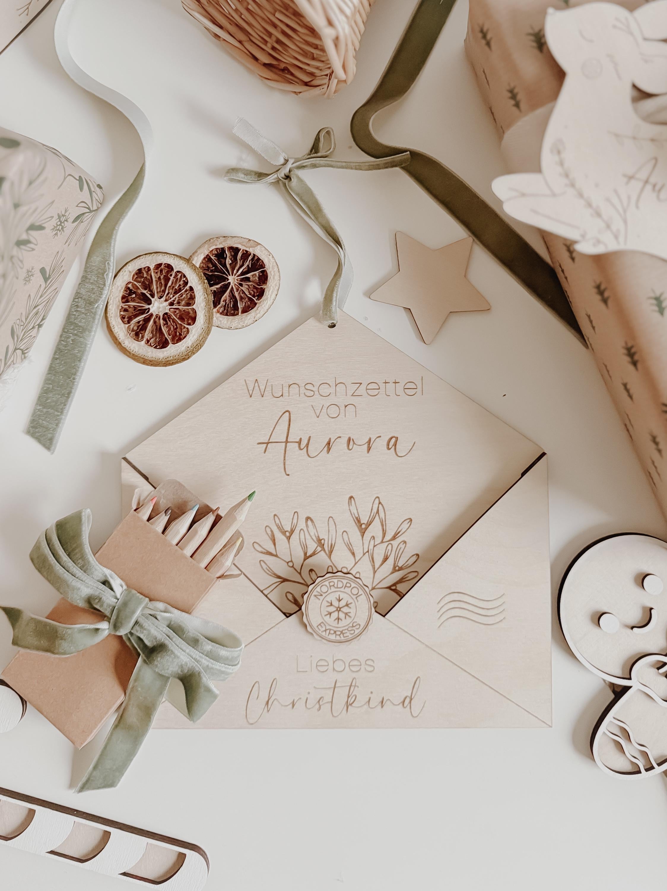 Wunschzettel Briefumschlag personalisiert aus Holz - BohoWildflowerVibes